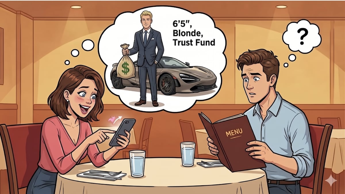 Cartoon of a woman on a date daydreaming about a 6 foot 5 blonde man with a trust fund and a sports car