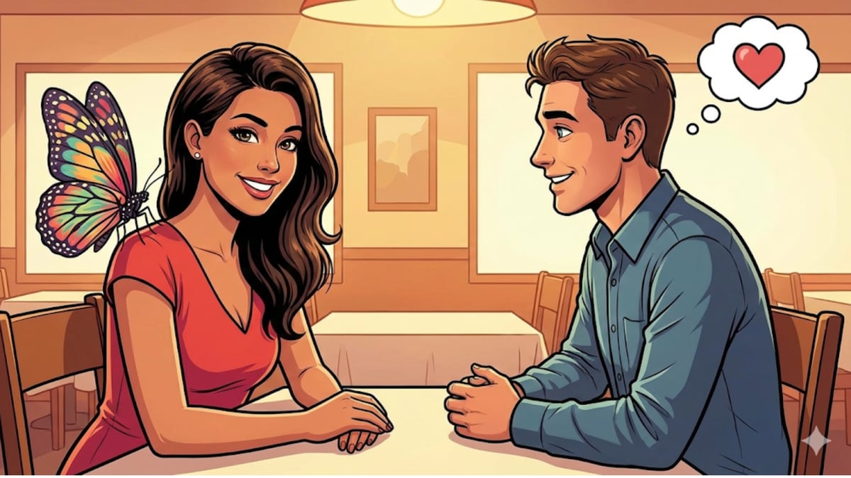 Couple on a date, the woman with a butterfly on her shoulder and the man thinking of a heart