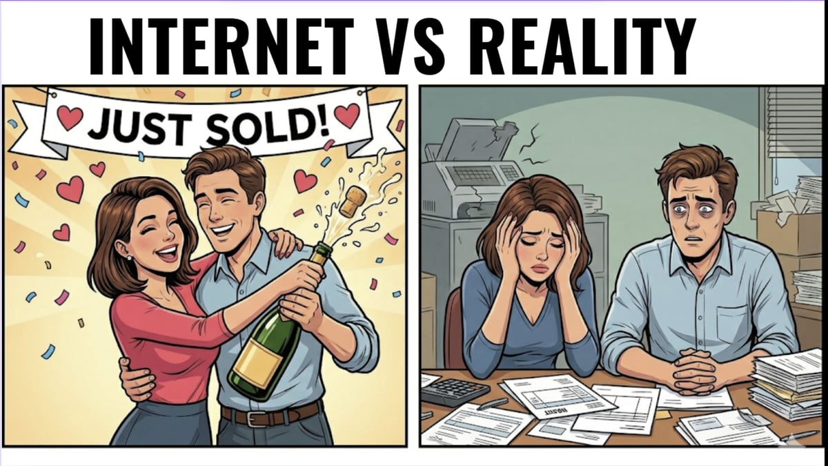 Internet vs reality: a couple celebrating a business purchase next to the same couple stressed over paperwork