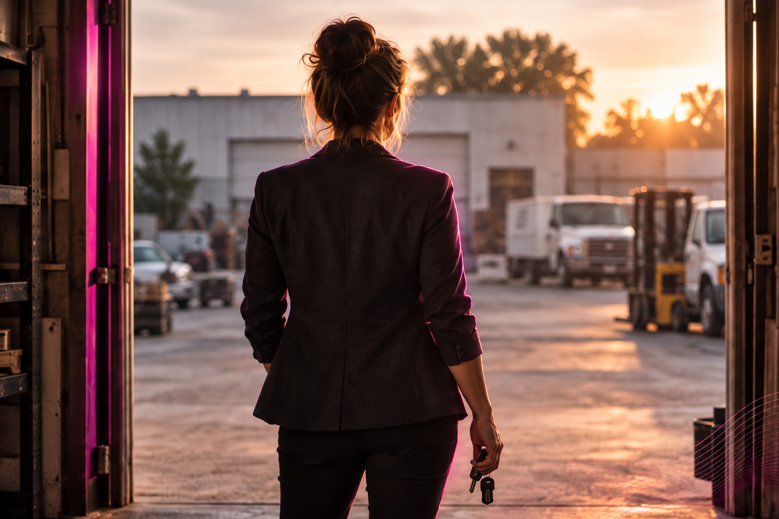 A first-time buyer standing in the doorway of her new business at sunrise, keys in hand
