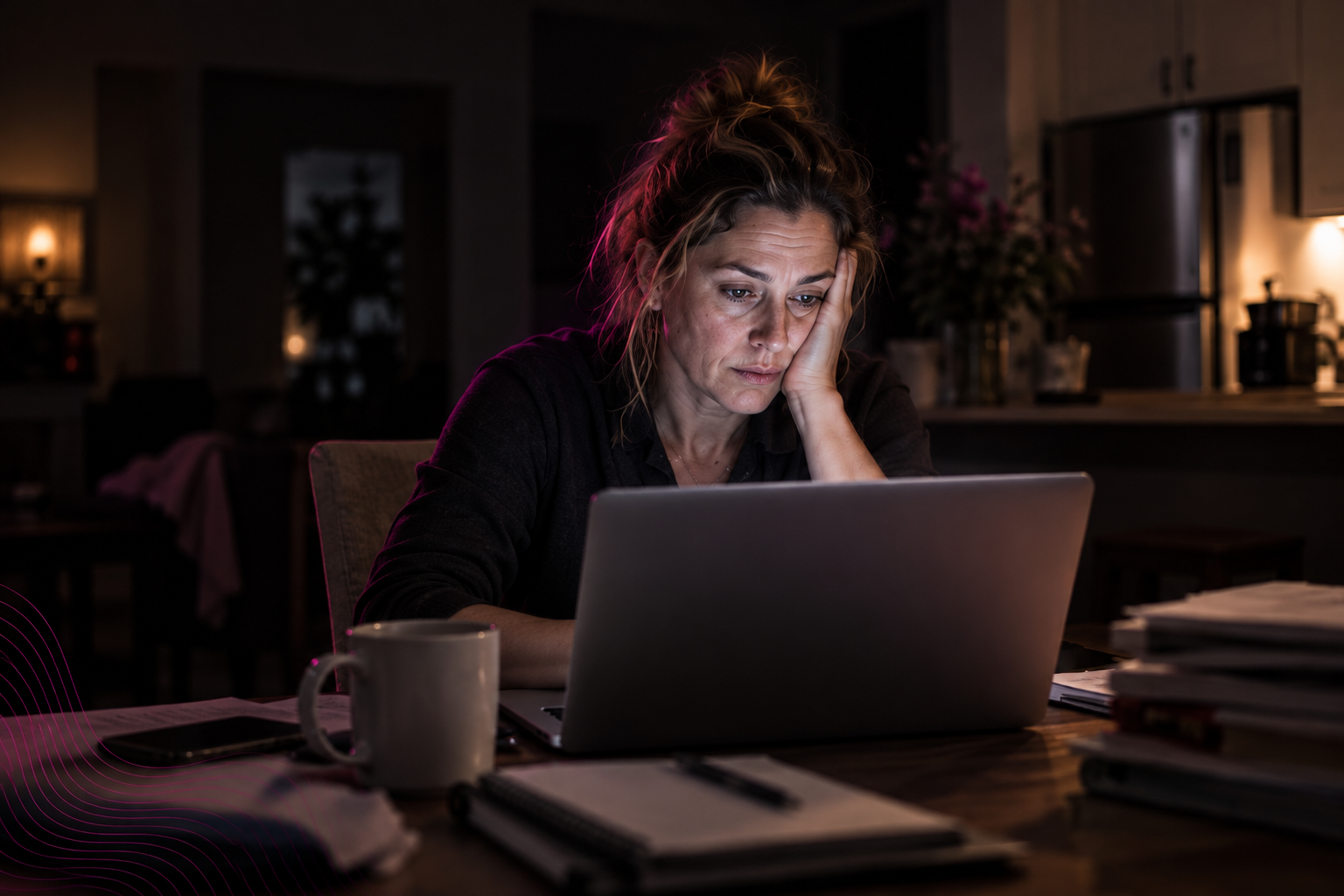 A tired professional searching listings late at night