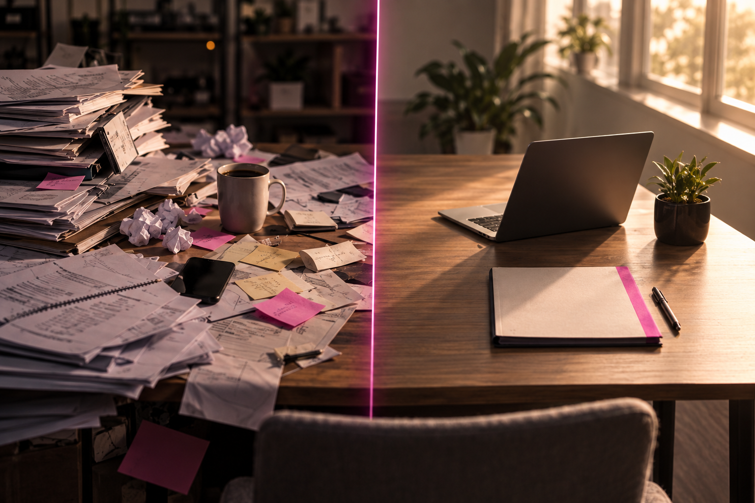 A desk split in two: chaos of printouts on one side, one clean laptop and folder on the other