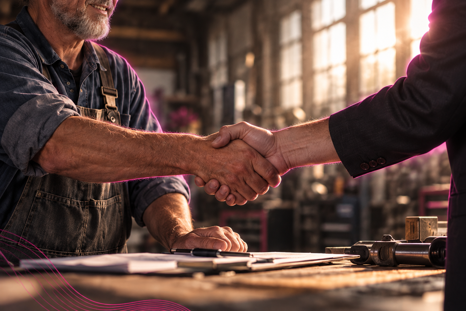 A buyer and a retiring owner shaking hands across a workshop table
